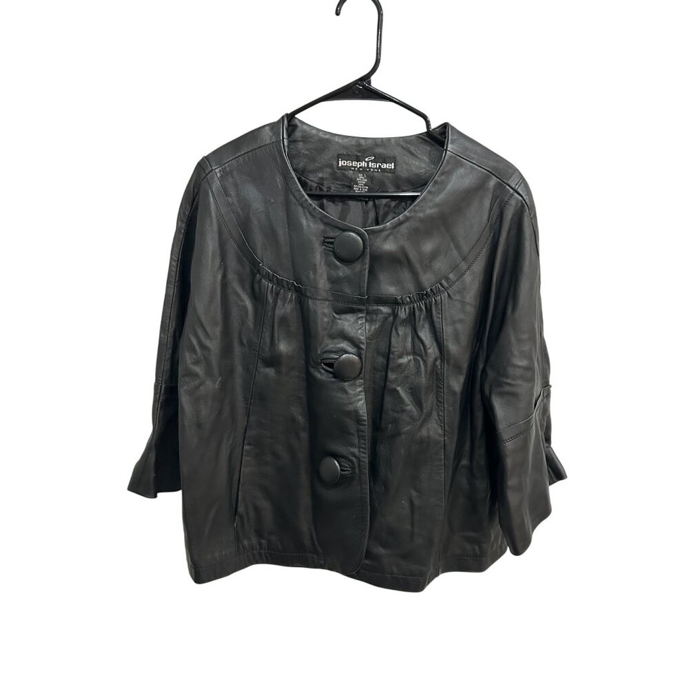 Joseph Israel Large Black Button Front Lamb Leather Jacket Minimalist Chic